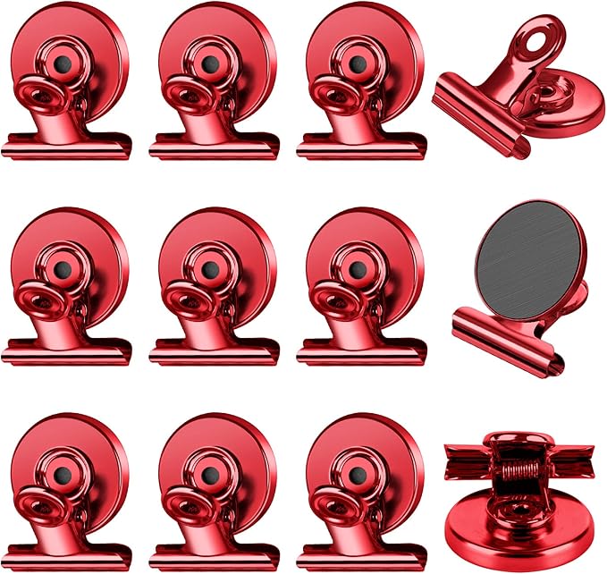 FINDMAG 12 Pack Magnetic Clips for Photo Display, Picture Hanging, Heavy Duty Scratch-Free Fridge Magnet Clips for Whiteboard, Refrigerator, Locker, Kitchen, Office, Magnetic Clips for Photo, Red.-DeskLoop Office