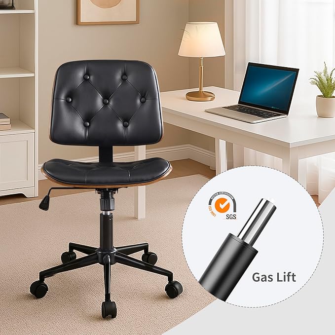 Small Home Office Chair – Armless Mid-Back Desk Chair with PU Leather, Adjustable Height, Swivel Wheels, Modern Walnut Legs for Small Spaces, Black-DeskLoop Office