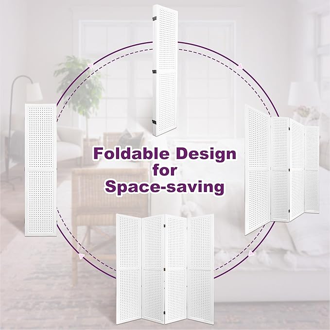 Room Divider, 5.6FT Folding Room Divider Panel, 4 Panel Pegboard Display Wood Partition Wall Divider for Room Separation& Craft Shows, White-DeskLoop Office