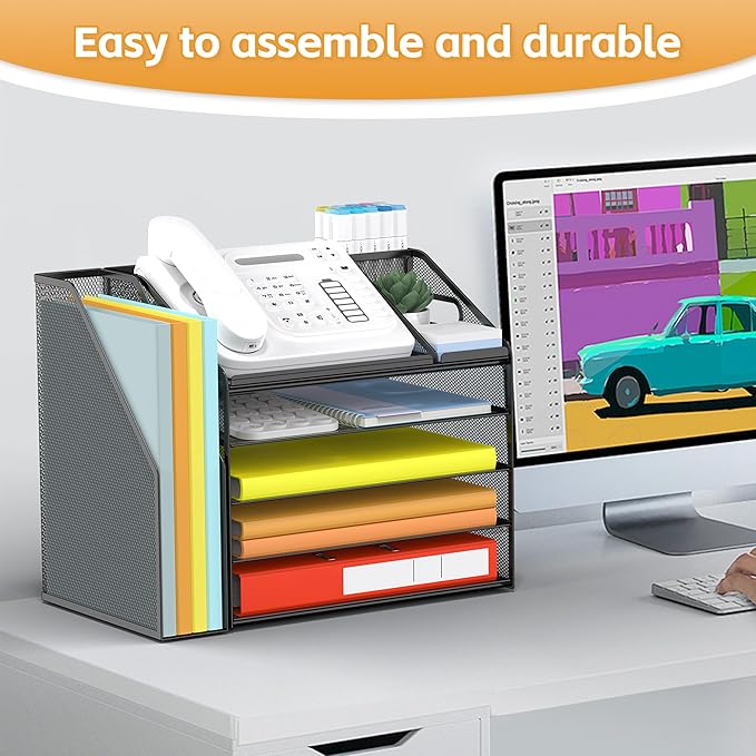 DocNest 5 Tier Paper Letter Tray File Organizer, Mesh Desk File with Handle, Workspace Desk Organizers with Pen Holder, Office Organization Storage Accessories - Black-DeskLoop Office