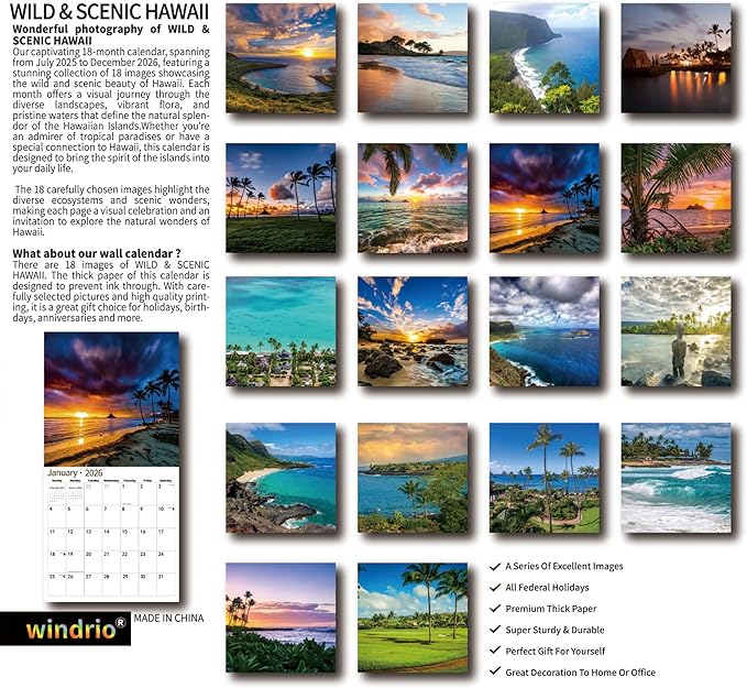 2026 Wall Calendar,Calendar 2026, July 2025 - December 2026, Wall Calendar Wild & Scenic Hawaii, 12" x 24" Opened,Full Page Months Thick & Sturdy Paper for Calendar Organizing & Planning-DeskLoop Office