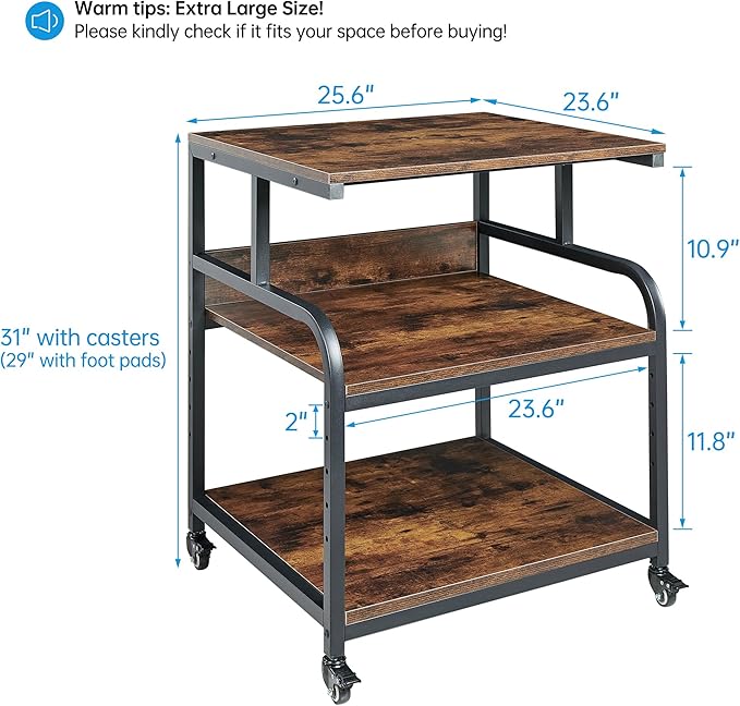 23.6" Deep Extra Large Printer Stand, 3 Tier Printer Table with Adjustable Storage Shelf, Rolling Printer Cart with Industrial Wheels for Home Office, Rustic Brown-DeskLoop Office