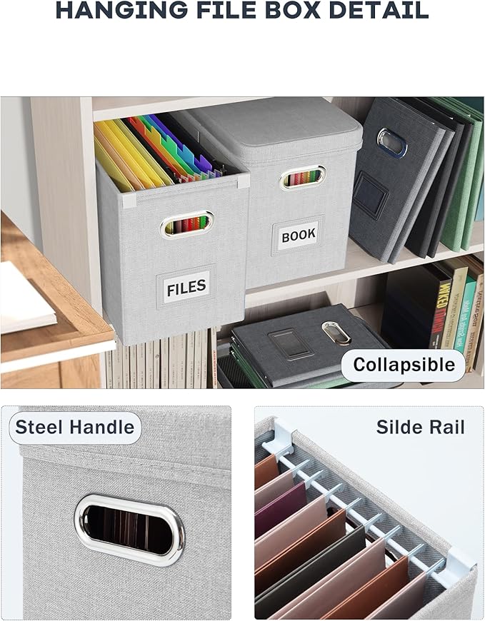 Oterri File Organizer with Lid, Hanging Filing Box with Mesh Pocket, Document Organizer for Letter Files, Portable Storage Box with Smooth Sliding Rail for Office & Home (1 PCS, Light Grey)-DeskLoop Office