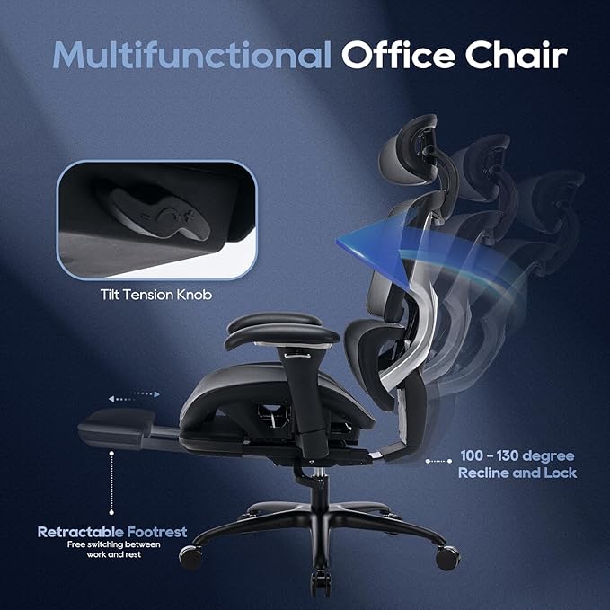 COLAMY Ergonomic Mesh Office Chair with Footrest, Executive High Back Computer Desk Chair with Wide Headrest and Adjustable 3D Arms, Backrest, Tilt Lock and Lumbar Support(Black)-DeskLoop Office