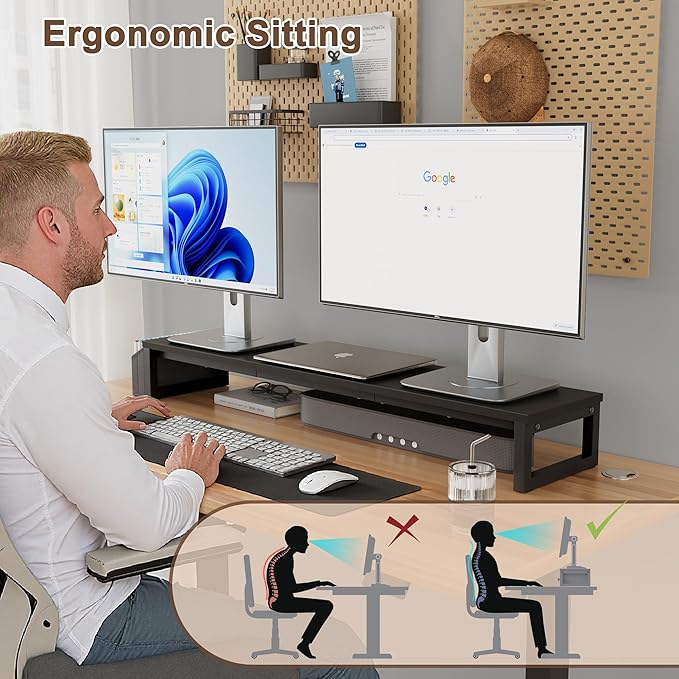 LAND·VOI Dual Monitor Stand Riser,41.5'' Long Monitor Stand for 2 Monitors, Wood and Steel Computer Monitor Stand, Desktop Oraganizer with Pen Holder, Monitor Riser for Desk Computer,Laptop,TV, Black-DeskLoop Office