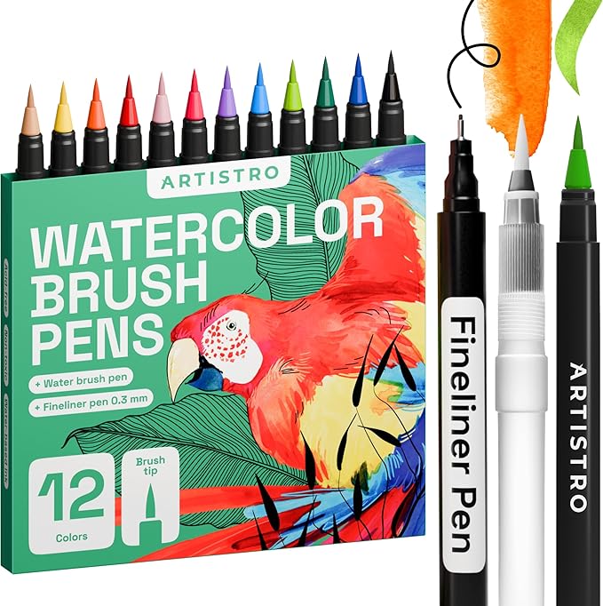 ARTISTRO 12 Watercolor Markers with Flexible Paint Brush Pens for Pros & Beginners - Consistent, Smooth, Bright, Washable, Non-Toxic, Ideal for Coloring, Calligraphy, & Manga-DeskLoop Office