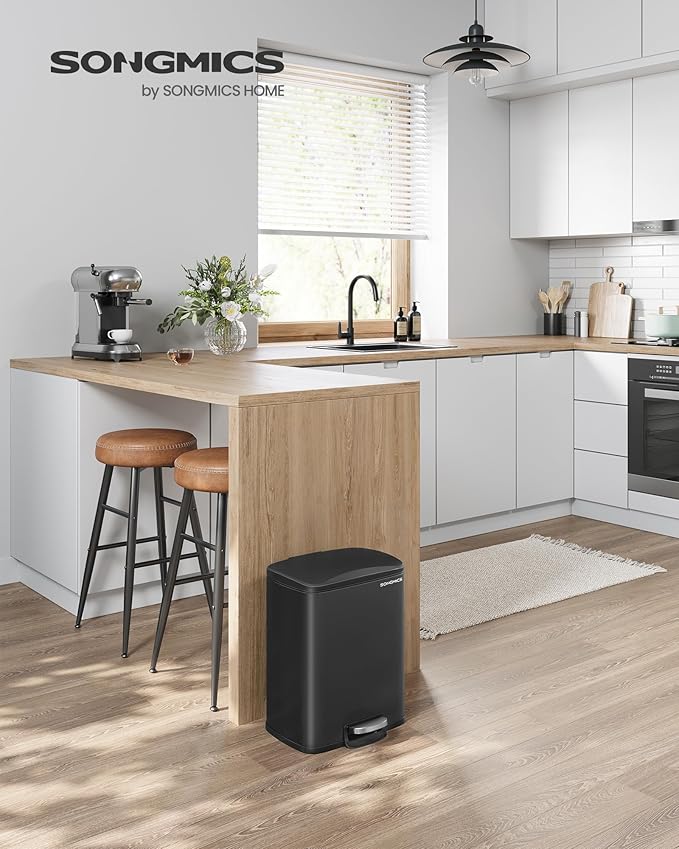 SONGMICS Trash Can, Garbage Can with Lid, 5.2-Gallon (20L) Step Trash Bin for Kitchen, Stainless Steel, Soft Close and Stays Open, Inner Bucket, Includes 15 Trash Bags, Black ULTB543B01-DeskLoop Office