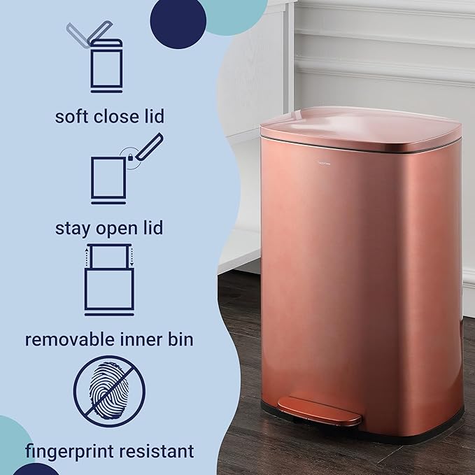 happimess HPM1006D Connor Rectangular Trash Can with Soft-Close Lid and Free Mini Trash Can, Modern Fingerprint Proof for Home, Kitchen, Office, Large:12.98 Gallon Small:1.3 Gallon, Rose Gold-DeskLoop Office