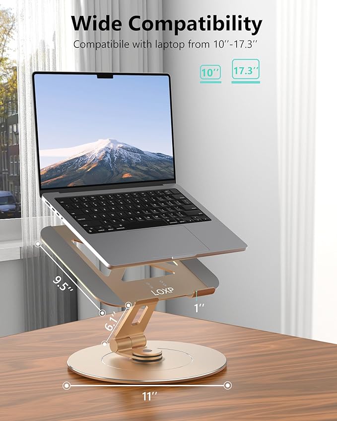 Ultra-Stable Swivel Laptop Stand for Desk,300% Larger Base Stability Military-Grade Aluminum Anti-Loosening Structure - Height Adjustable Laptop Stand Suitable for 10-17.3 inch,Golden