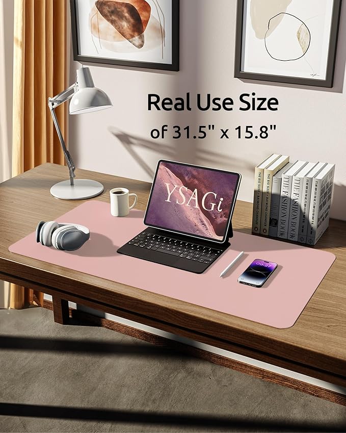YSAGi Leather Desk Protector, Office Mat, Large Mouse Mat, Non-Slip PU Leather Blotter, Laptop Desk Pad, Waterproof Writing Pad for Office and Home (Light Pink, 31.5" x 15.8")-DeskLoop Office
