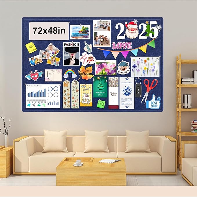 Large Bulletin Board, 72x48 Inches Cork Board Alternative, Large Felt Board Decorative Pin Board for Wall, Foldable Photo Board Self-Adhesive Vision Board with 36 Pushpins Dark Blue-DeskLoop Office
