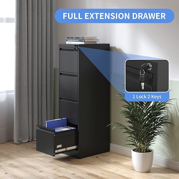 4 Drawer File Cabinet with Lock, Vertical File Cabinet with Lock, Locking File Cabinet Hanging Files for A4/ Legal/Letter, Require Assembly, Black-DeskLoop Office