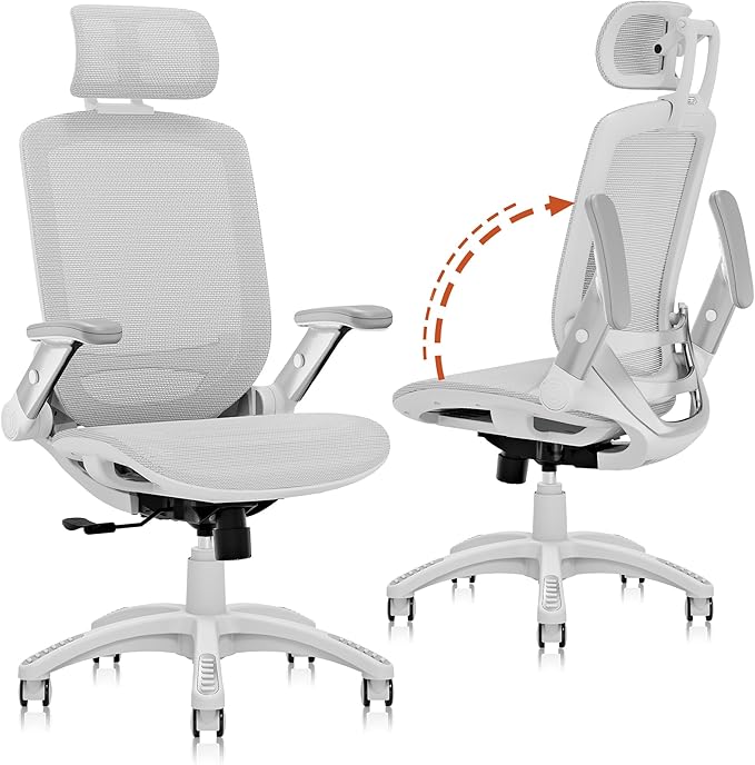 GABRYLLY Ergonomic Office Chair, High Back Home Desk Chair with Headrest, Flip-Up Arms, 90-120° Tilt Lock and Wide Cushion, 400LBS Mesh Chairs for Man Woman, White Task Chair(Grey,GY01WG)-DeskLoop Office