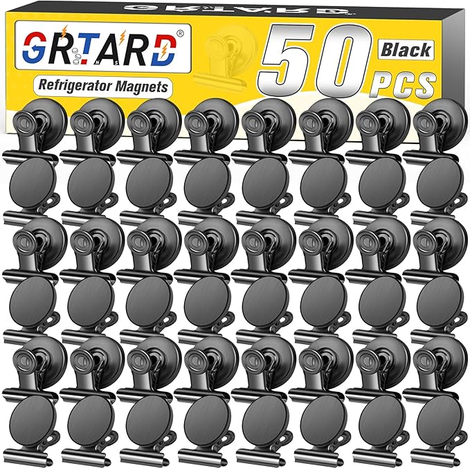 Grtard 50 Pack Magnetic Clips Heavy Duty, Black Magnet Clips for Fridge, Refrigerator Magnets, Strong Magnetic Clip, Scratch Free Magnets with Clip for Whiteboard, Refrigerator, Cruise, Locker-DeskLoop Office