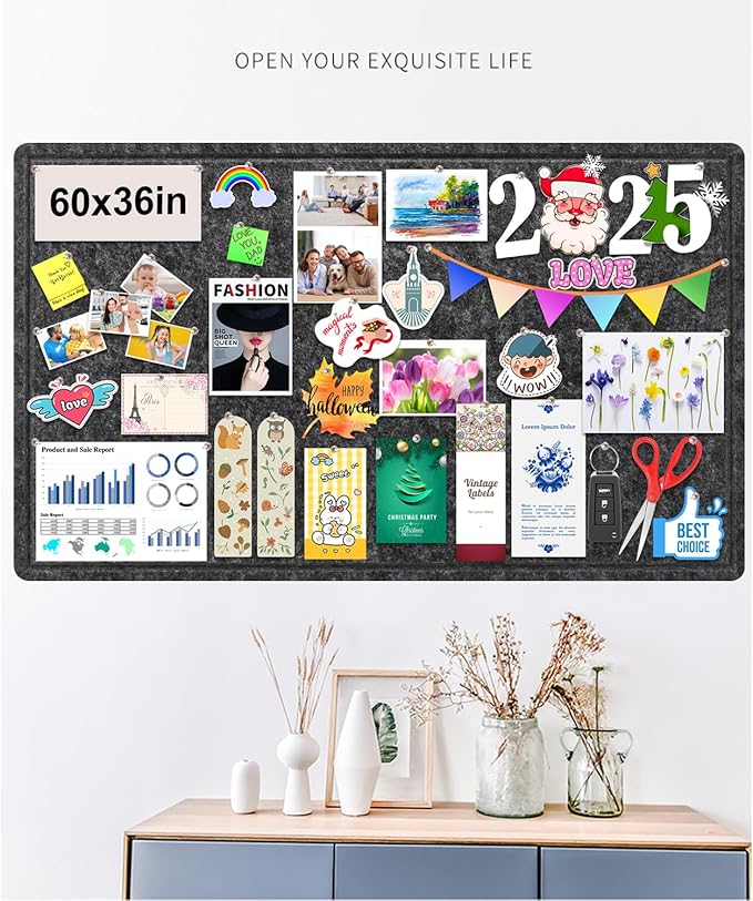 Large Bulletin Board, Foldable 60x36 Inches Cork Board Alternative, Large Felt Board Decorative Pin Board for Wall, Foldable Photo Board Self-Adhesive Vision Board with 36 Pushpins Dark Gray-DeskLoop Office
