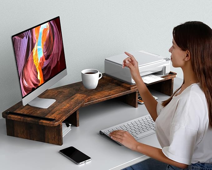 Zimilar Dual Monitor Stand Riser, Monitor Stand with Adjustable Length and Angle, Wood Monitor stand for desk, Monitor Riser for 2 monitors with Storage Space(Rust Brown Large)-DeskLoop Office