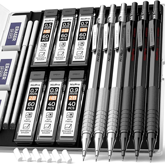 Nicpro 0.5 & 0.7 & 0.9 mm Metal Mechanical Pencil Set with Case, 6PCS MP1000 Artist Lead Pencil with 12 Tubes HB & 2B Lead Refills, 3 Erasers For Architect Art Writing Drafting Sketching Drawing-DeskLoop Office