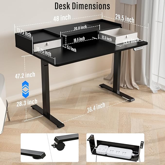 Standing Desk with Drawers,Thickened Table Legs Sit Stand Desk Electric for Home Office & Gaming,Ergonomic Stand Up Desk Cable Management Tray(Classic Black) (Classic Black, 48″ x 30″)-DeskLoop Office