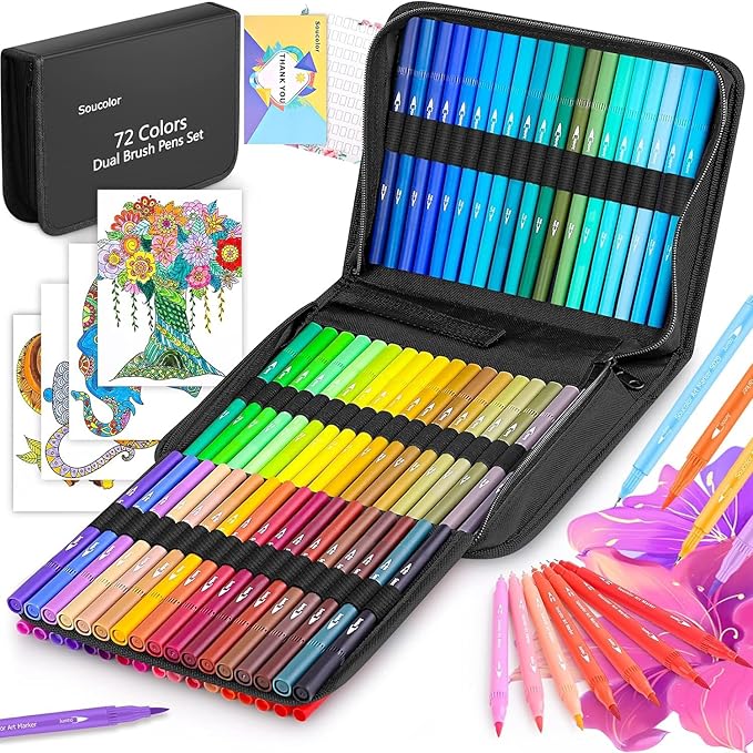 Soucolor Art Supplies for Adults Kids, 72 Colors Dual Tip Brush Fine Tip Markers, Art Kit Drawing Set with Art Case Coloring Set, Art Set for Kids, Kids Art Supplies for School, Gifts for Girls & Boys-DeskLoop Office