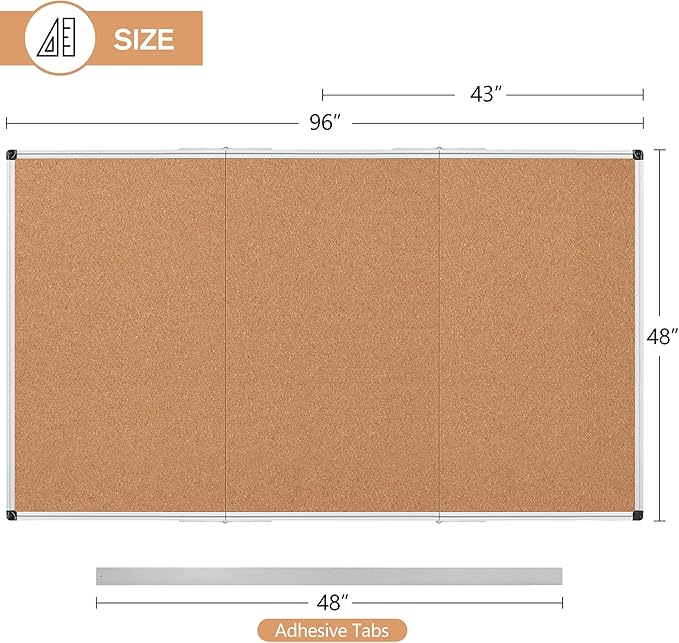 Board2by Extra Large Cork Bulletin Board 96" X 48", Foldable Notice Pin Board for Wall, Silver Aluminum Framed 8'x4' Corkboard, Wall Mounted Noticeboard with 36 Push Pins for School, Home & Office-DeskLoop Office
