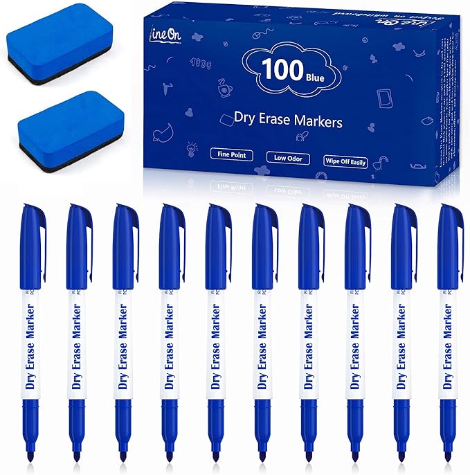Dry Erase Markers, 100 Bulk Pack Blue Whiteboard Markers with 2 Eraser, Fine Point Dry Erase Markers Perfect For Writing on Whiteboards, Dry-Erase Boards,Mirrors for School Office Home-DeskLoop Office
