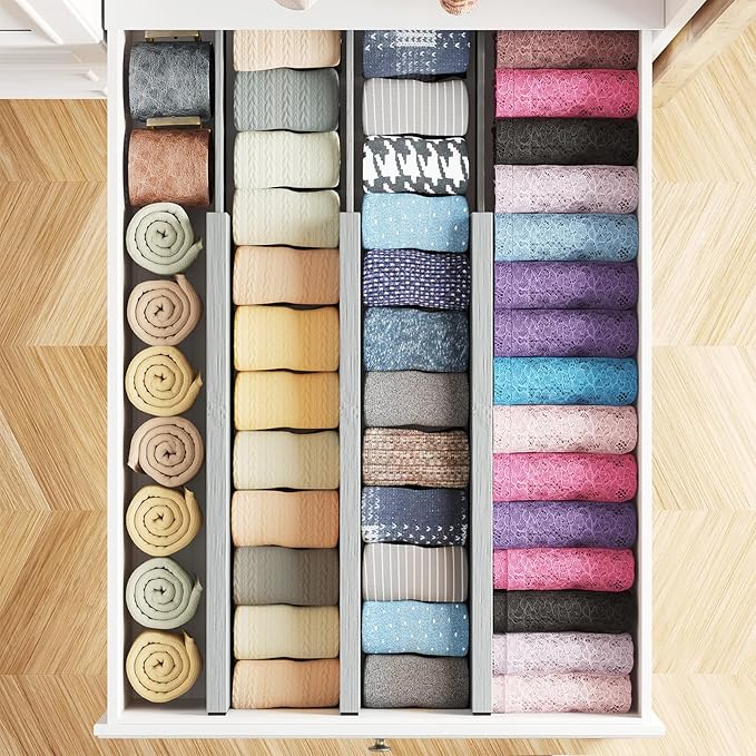 SpaceAid Bamboo Dresser Drawer Dividers 6 Pack, 4.65“ High Adjustable 17“-22” Drawer Organizers, Expandable Organization for Clothing, Clothes, Dressers, Gray-DeskLoop Office