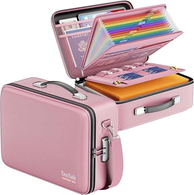 DocSafe Fireproof Document Box with Lock, Hard Case File Organizer with Accordion File Folder, Fireproof Water Resistant Safe Box Home Office Travel Storage for Important Documents Laptop Pink-DeskLoop Office