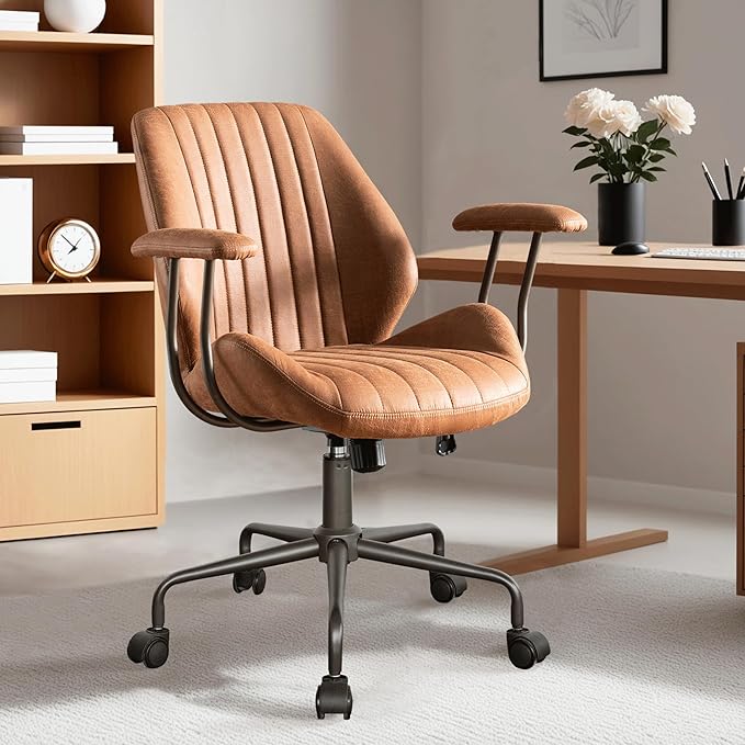 ovios Ergonomic Home Office Chair, Mid-Century Modern Faux Leather Chairs with Padded Armrests, Comfy Mid Back Swivel Rolling Executive Computer Armchair (Brown, Suede Leather)-DeskLoop Office