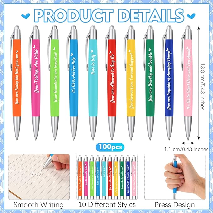 Yeaqee 100 Pcs Inspirational Pens Employee Appreciation Back to School Gifts Motivational Thank You Metal Greeting Quote Ballpoint Pen for Coworker Teacher(Multicolored,Mental Health Reminders)-DeskLoop Office