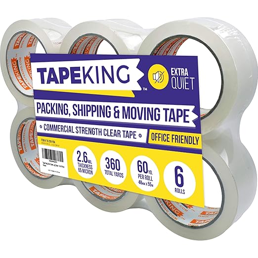 Tape King Quiet Packing Tape - Pack of 6, Clear, Heavy-Duty, Packaging, Boxing and Shipping Tape for Moving and Storage-DeskLoop Office