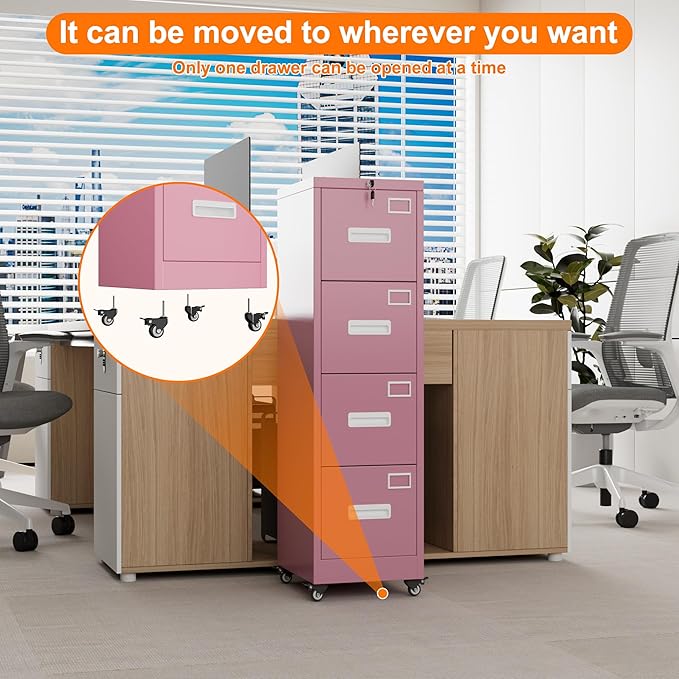Aobabo 56" H 4 Drawer Moblie Office File Cabinet with Lock, Rolling Metal Filing Storage Cabinet, Legal/Letter A4 Size, Pink, Assembly Required-DeskLoop Office