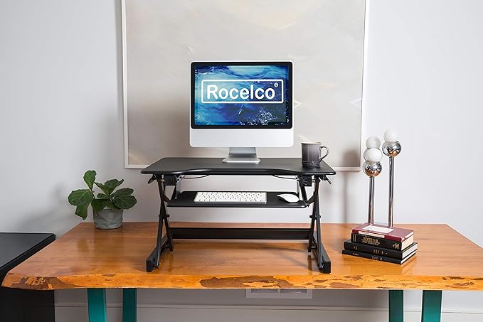 Rocelco 32" Height Adjustable Standing Desk Converter BUNDLE - Sit Stand Computer Workstation Riser with Anti Fatigue Mat - Dual Monitor Retractable Keyboard Tray Gas Spring - Black (R EADRB-MAFM)-DeskLoop Office