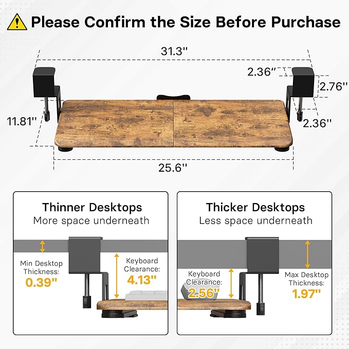 BONTEC KMT01 Under Desk Keyboard Tray, Pull-Out Keyboard & Mouse Platform with C-Clamp, 25.6 x 11.8 in Space-Saving Ergonomic Slide-Out Drawer, Rustic Brown-DeskLoop Office