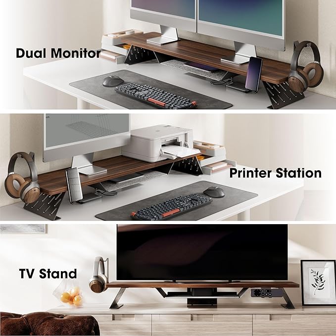 Fenge Dual Monitor Stand, 42.5 Inch Monitor Riser for Desk, Wood Desk Shelf for 2 Monitors, 2 Tier Monitor Shelf with Headphone Stand & Phone Holder-DeskLoop Office