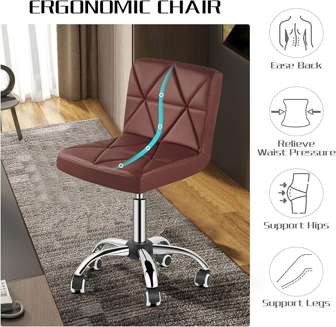 COSVALVE Armless Desk Chair, Mid Back 360 Swivel Office Chair, Height Adjustable Executive Conference Task Chair with Rolling Wheels and Diamond Pattern for Home Bedroom Computer Barber, Brown-DeskLoop Office