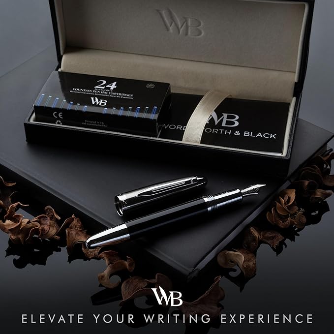 Wordsworth & Black Majesti Fountain Pen-(Black Chrome), Luxury Case, Stainless Steel; Medium Nib- Ink Cartridges, Refillable Ink Converter-Calligraphy Pen-Best Business Gift Set for Men & Women