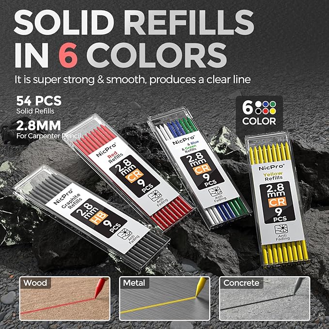 Nicpro 3 Pack CP3000 Carpenter Pencil with Sharpener, Mechanical Carpenter Pencils with 57 Refills, Construction Pencil Heavy Duty Woodworking Pencils for Architect Marking (Red, Black, Yellow)-DeskLoop Office