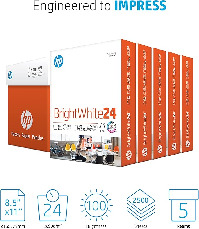 HP Printer Paper | 8.5 x 11 Paper | BrightWhite 24 lb | 5 Ream Case - 2500 Sheets |100 Bright | Made in USA - FSC Certified | 203000C-DeskLoop Office