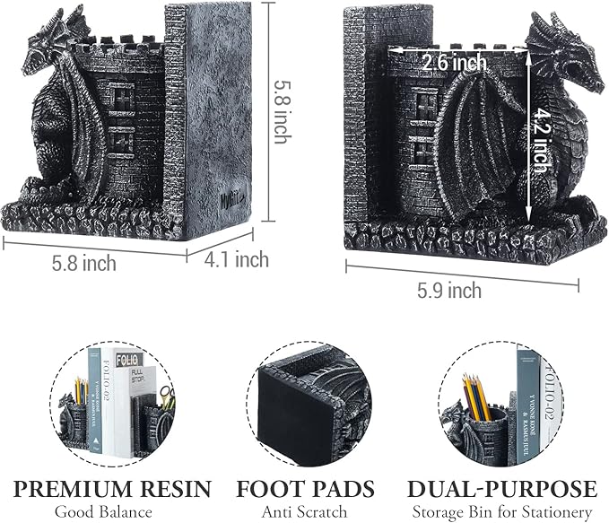 MyGift Gothic Black Resin Dragon Guarding Castle Pencil Cup Bookends, Office Desk Book Ends with Decorative Fantasy Dragons and Stone Tower Pen Holders, 1 Pair-DeskLoop Office