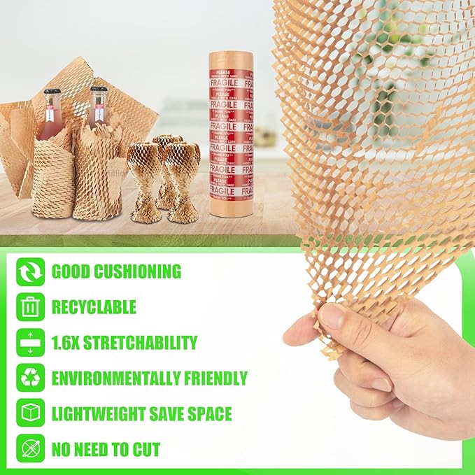 Honeycomb Packing Paper, MINHAO 15"x400' Eco Friendly Packing Paper for Moving Recyclable Honeycomb Paper Moving Supplies Bubble Paper Wrapping Protective Roll, With 36 Fragile Sticker Labels-DeskLoop Office