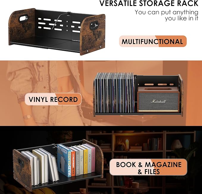 Vinyl Record Storage Holder, Expandable Record Holder Rack With Movable Divider, 110 LP Album Display Shelf Stand, Magazine Holder (Rustic Brown)-DeskLoop Office