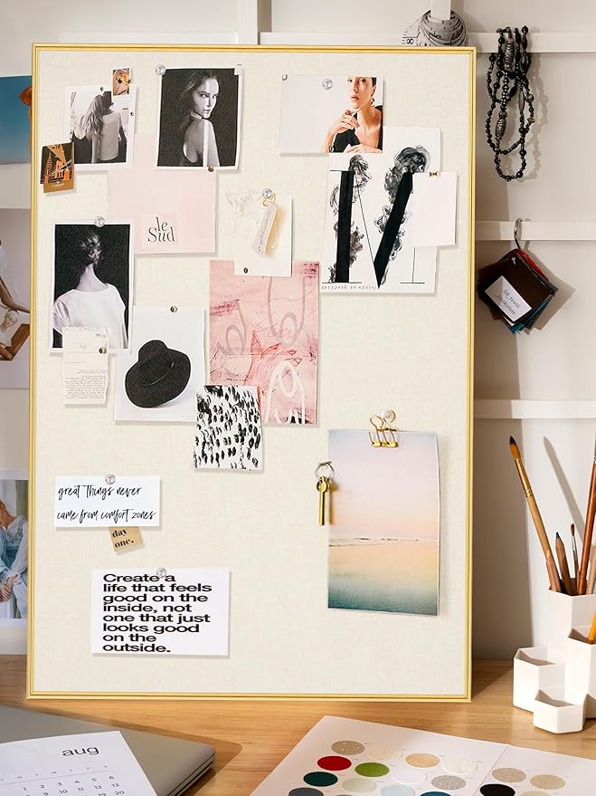 Bulletin Board 30 x 20 inches, Oatmeal White Pin Board, Golden Aluminum Framed Fabric Cork Board with 10 Push Pins-DeskLoop Office