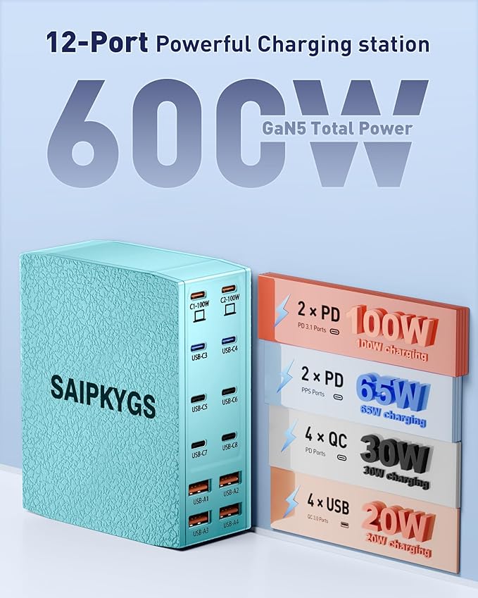 Charging Station (600W),12-Port USB C Charger Block with Dual 100W PD USB-C Fast Charging Station Hub for MacBook Pro/Air/All iPad iPhone 17/16 15/14/13/Pro Max/Samsung Galaxy Note(Green)-DeskLoop Office