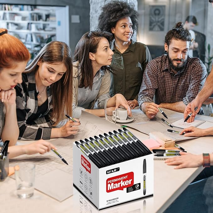 SFAIH 100 Black Permanent Markers Bulk -1s Quick Dry, Waterproof, Non-Fading, Durable, Fine Point Permanent Pens for Plastic Glass Metal Wood Paper, Office Supplies, Classroom Kitchen, Cargo Marking-DeskLoop Office