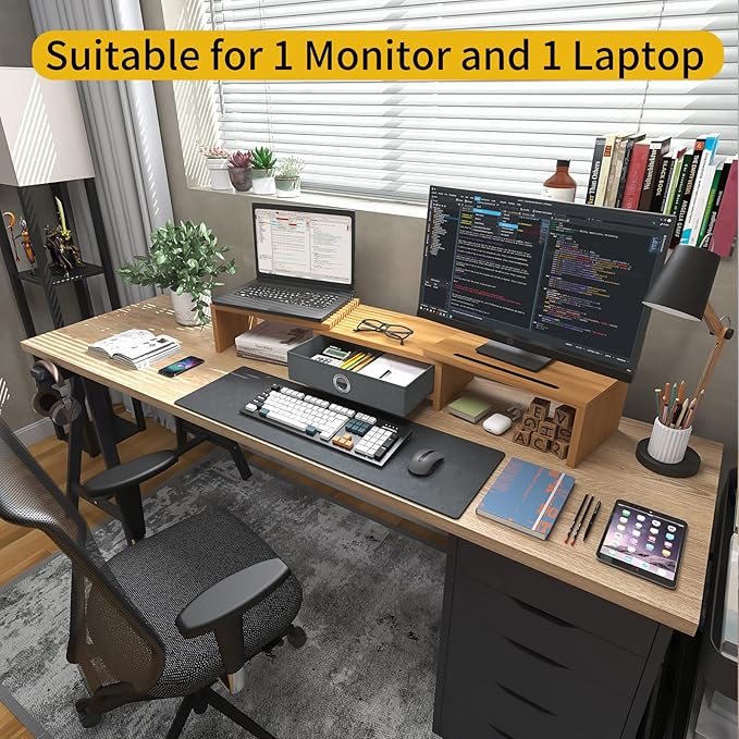 WESTREE Dual Monitor Stand Riser with Drawer - Adjustable Length and Angle, 2 Phone Hold, Desktop Organizer for Computer/Laptop/PC/Printer-DeskLoop Office