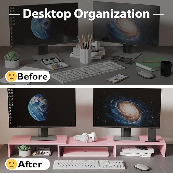 BONTEC Dual Monitor Stand Riser with Smartphone Holder, Adjustable Length & Swivel Angle, Ergonomic Wooden Desktop Organizer for PC Monitor, Laptop, Printer, Large Storage, Pink-DeskLoop Office