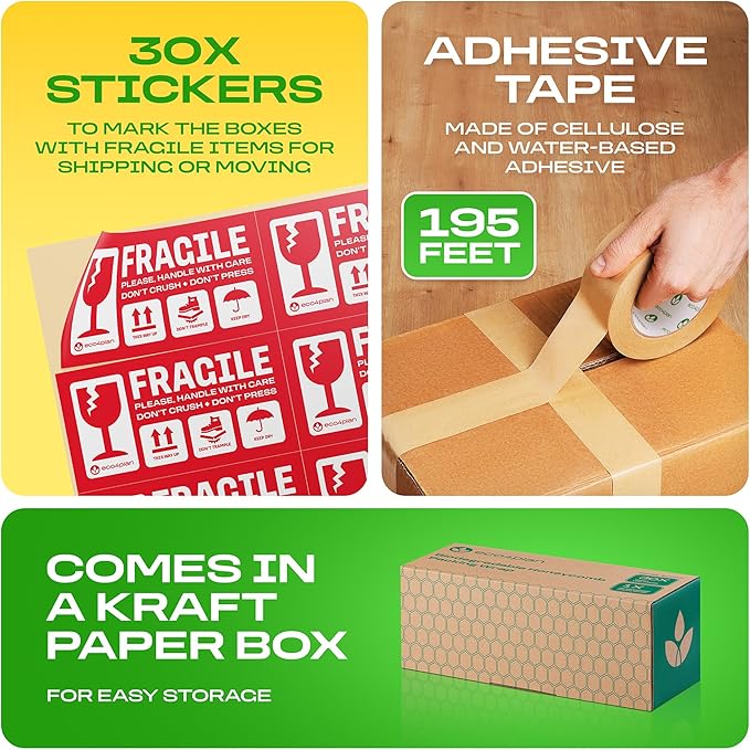 Honeycomb Packing Paper | Extra Thick 90 GSM Packing Wrap | Biodegradable Packing Materials: 12” x 200’ Moving Paper + 195’ Cellulose Adhesive Tape + 30 Fragile Stickers | Paper Bubble Wrap-DeskLoop Office