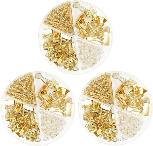 Paper Clips and Binder Clips Set, Metal Assorted Sized Binders with Push Pins, Cute Office Supplies for Desk, Desk Accessories (Gold Set of 3)-DeskLoop Office