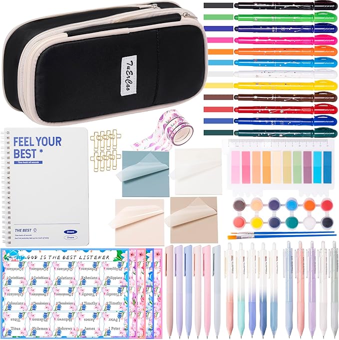 Bible Study Supplies for Women Men - Pencil Pouch Case, 75 Tabs, 12 No Bleed Highlighters, 6 Colored Pens, 10 Black Ink Pens, Washi Tapes & A5 Notebook -Christian Gifts Journaling Kit, Black-DeskLoop Office