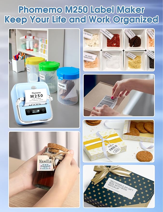 Phomemo M250 Label Maker, 3" Thermal Barcode & Address Printer - Portable Label Maker for Business, Home & Logos, Sticker Printer Compatible with Phones & PCs, with 100 Labels, 40x30mm-DeskLoop Office